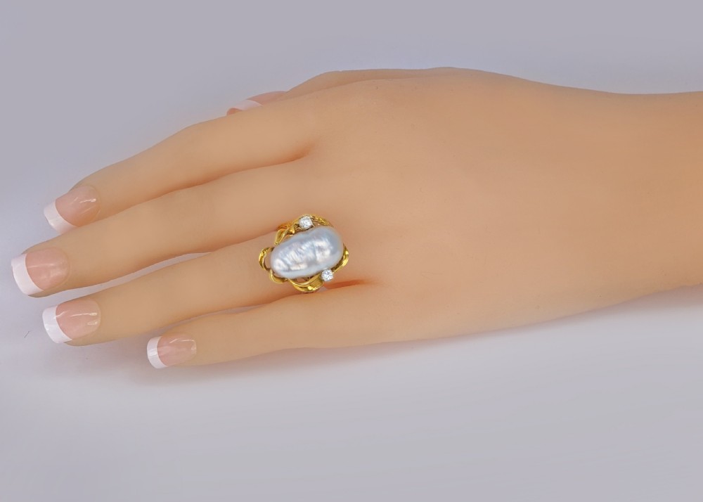 Vintage Baroque Pearl & Diamond Ring 18ct Yellow Gold 1950s Large Cocktail Ring View X