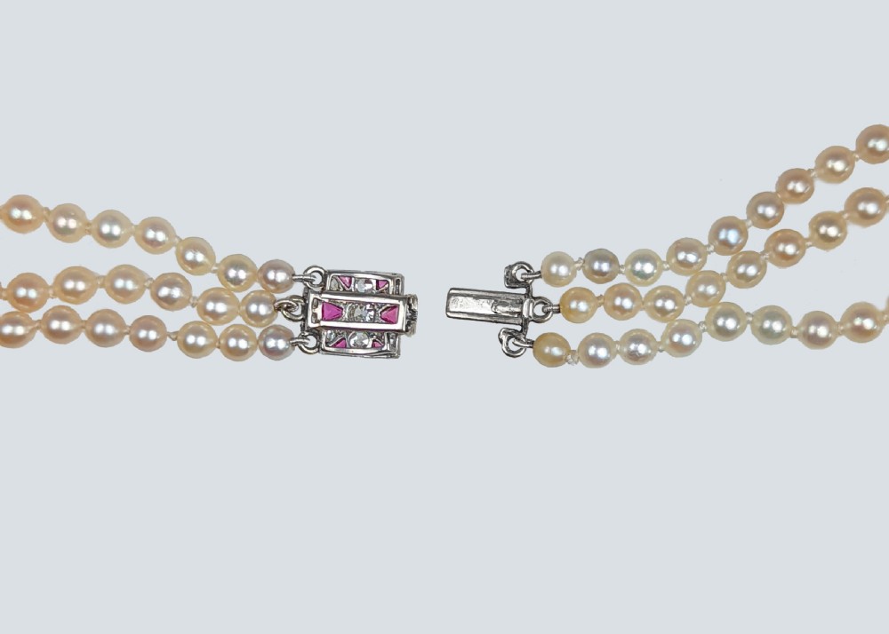 Edwardian Pearl Necklace Diamond & Ruby Clasp Antique Three Strand Pearl Choker View VI