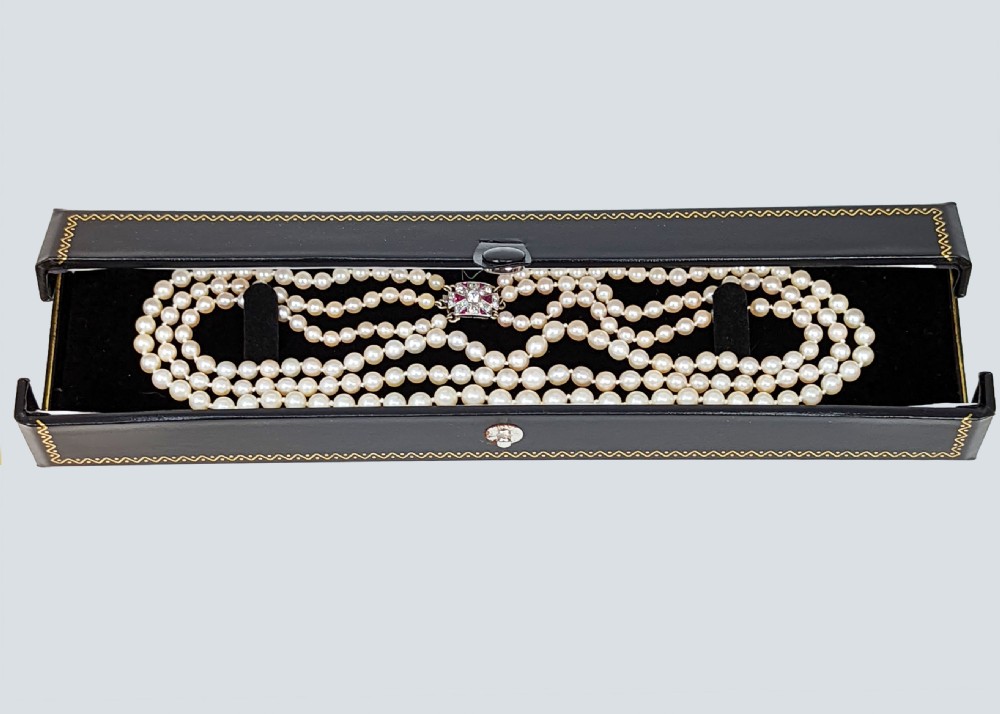 Edwardian Pearl Necklace Diamond & Ruby Clasp Antique Three Strand Pearl Choker View VIII