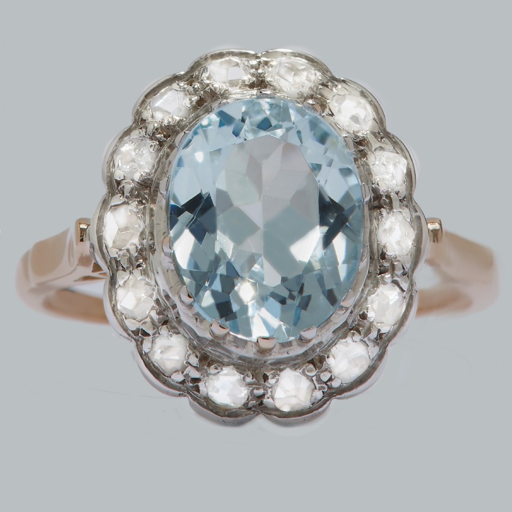 AQUAMARINE & ROSE CUT DIAMOND CLUSTER RING Vintage 18ct Gold Victorian Style 1950s Ring