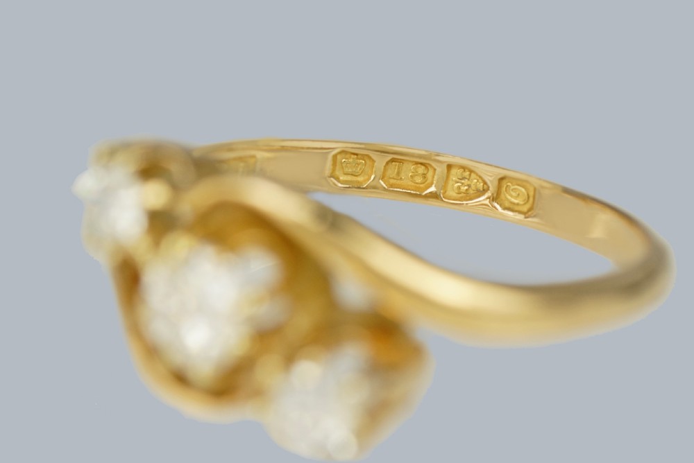 Antique Old Cut Diamond Trilogy Twist Ring 18ct Gold Engagement Ring Hallmarked Chester 1914 View VIII