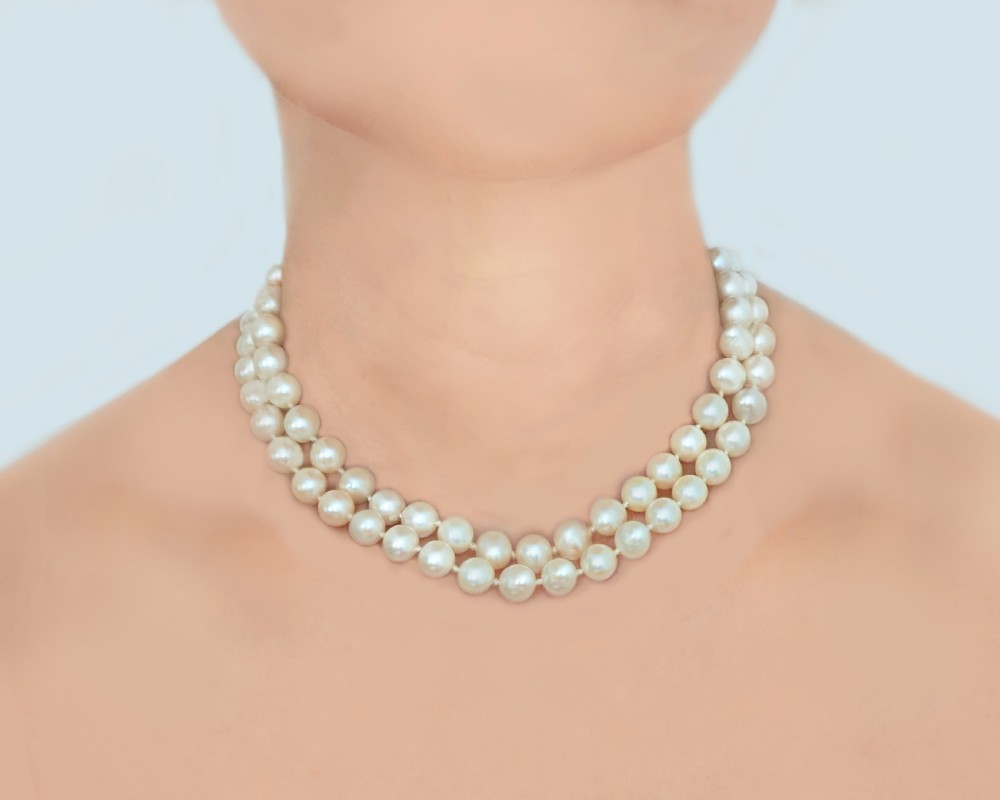 Vintage Pearl Necklace with Garnet and Pearl Clasp Two Strand 1960s Pearl Choker View III