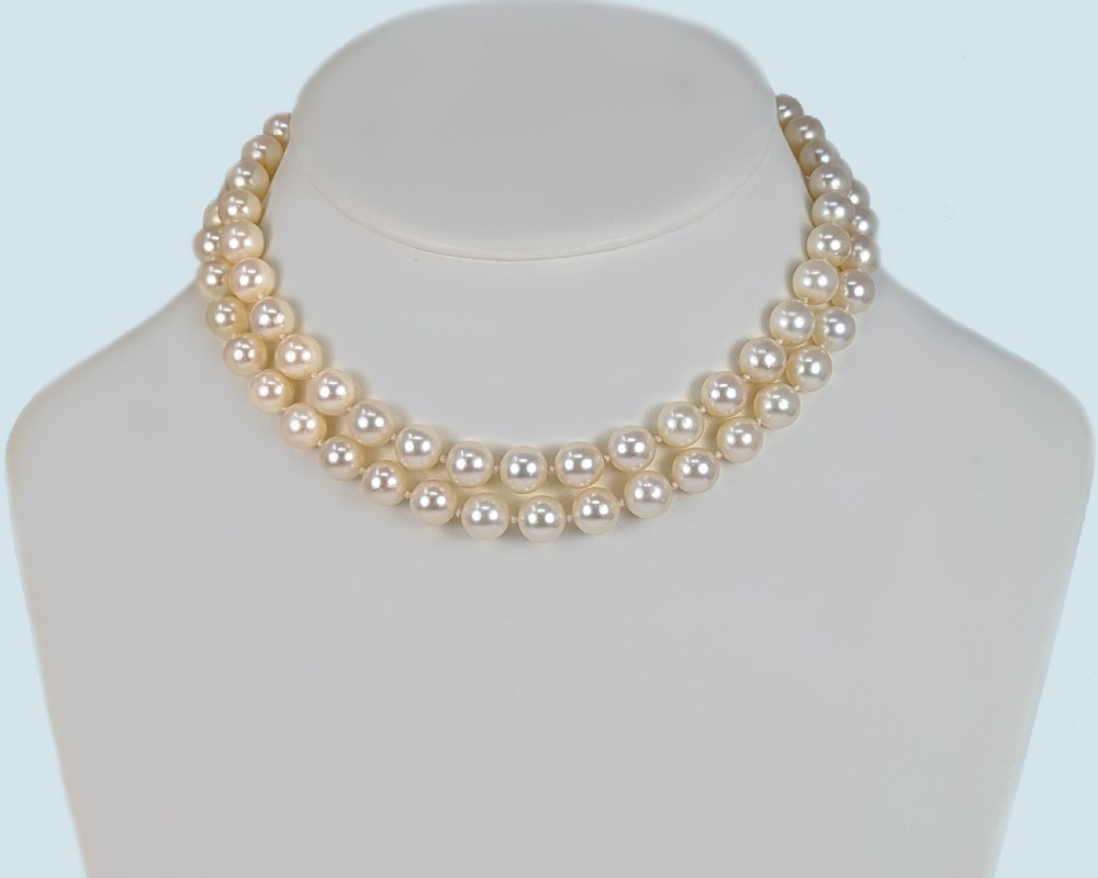 Vintage Pearl Necklace with Garnet and Pearl Clasp Two Strand 1960s Pearl Choker View IV