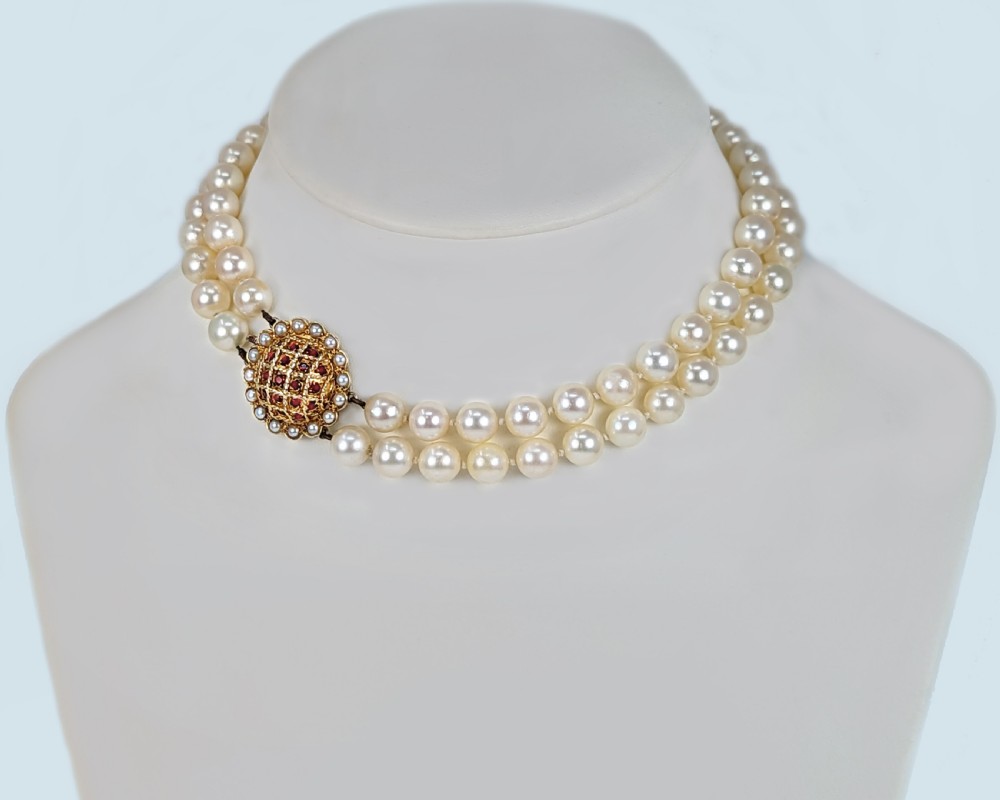 Vintage Pearl Necklace with Garnet and Pearl Clasp Two Strand 1960s Pearl Choker View V