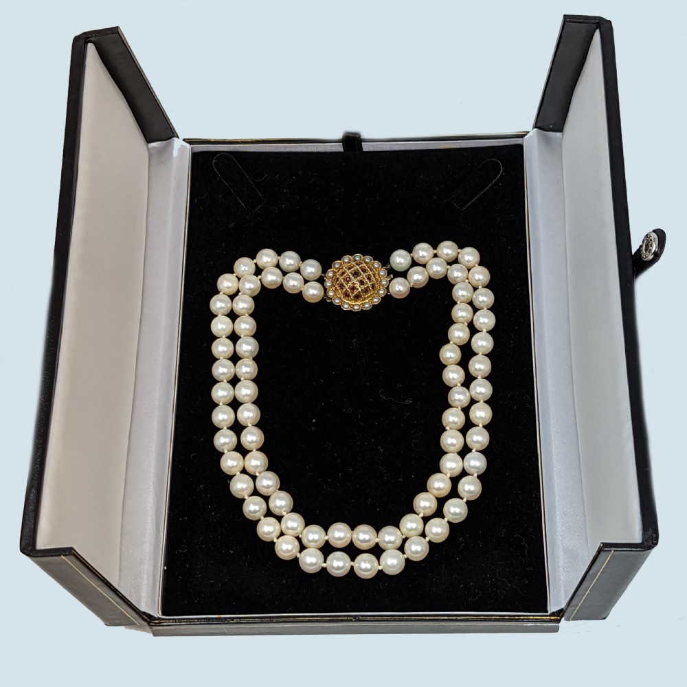 Vintage Pearl Necklace with Garnet and Pearl Clasp Two Strand 1960s Pearl Choker View VI