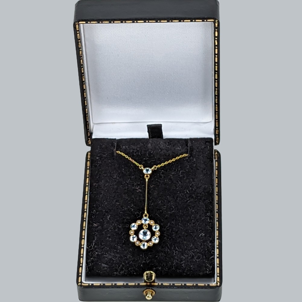  AQUAMARINE and SEED PEARL NECKLACE 15ct Gold Edwardian Pendant circa1910 View IV