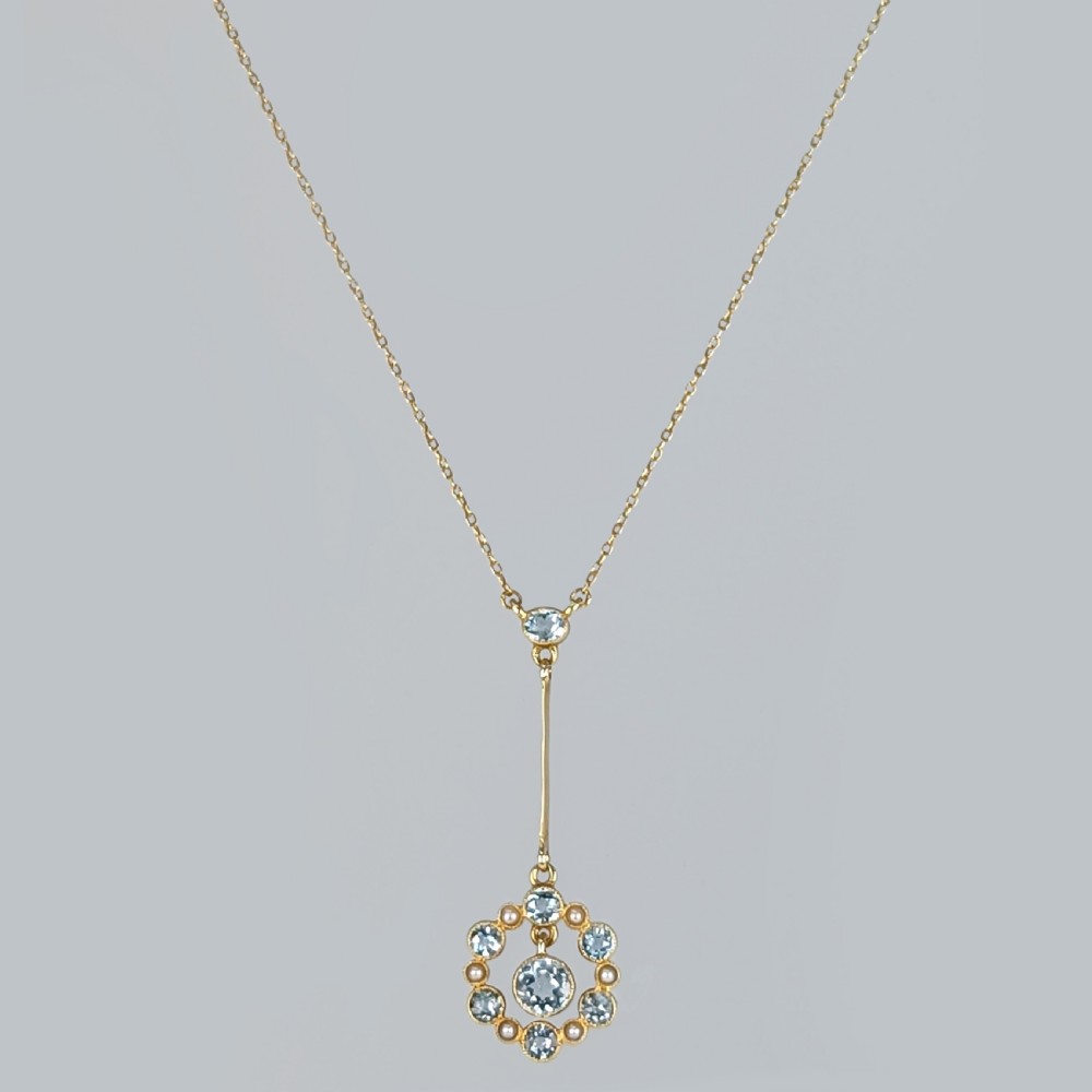  AQUAMARINE and SEED PEARL NECKLACE 15ct Gold Edwardian Pendant circa1910 View V