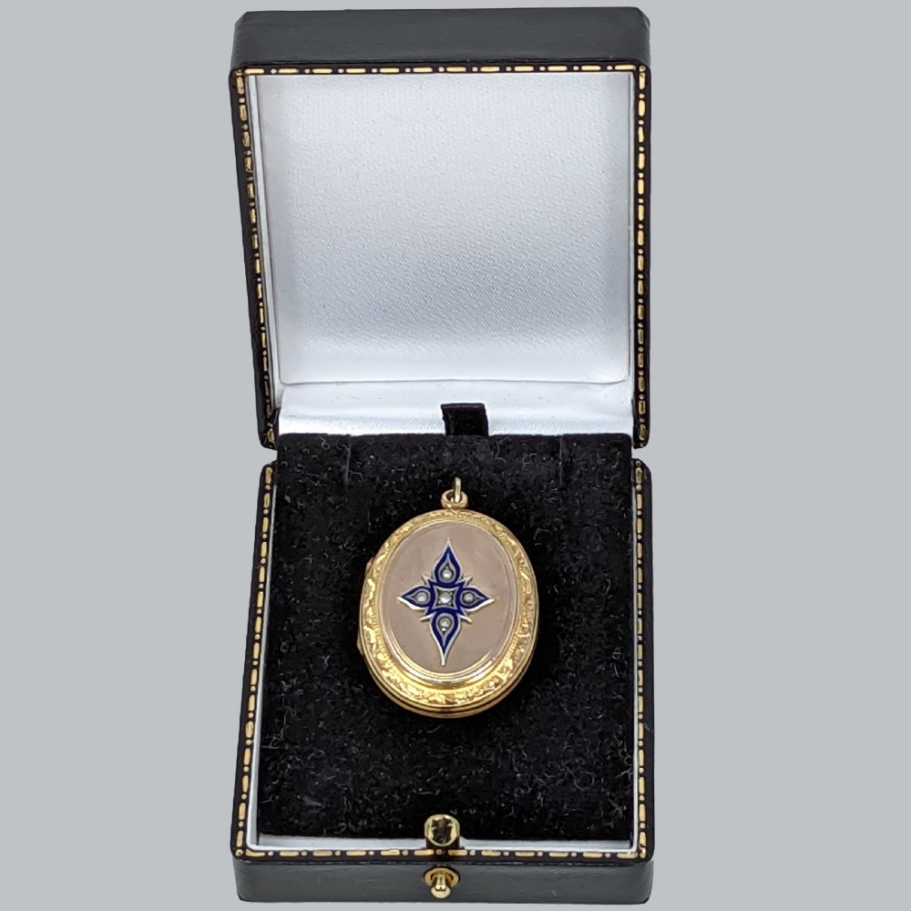 VICTORIAN PEARL LOCKET Rose and Yellow 9ct Gold Blue Enamel Star Motif Photo Locket View IX