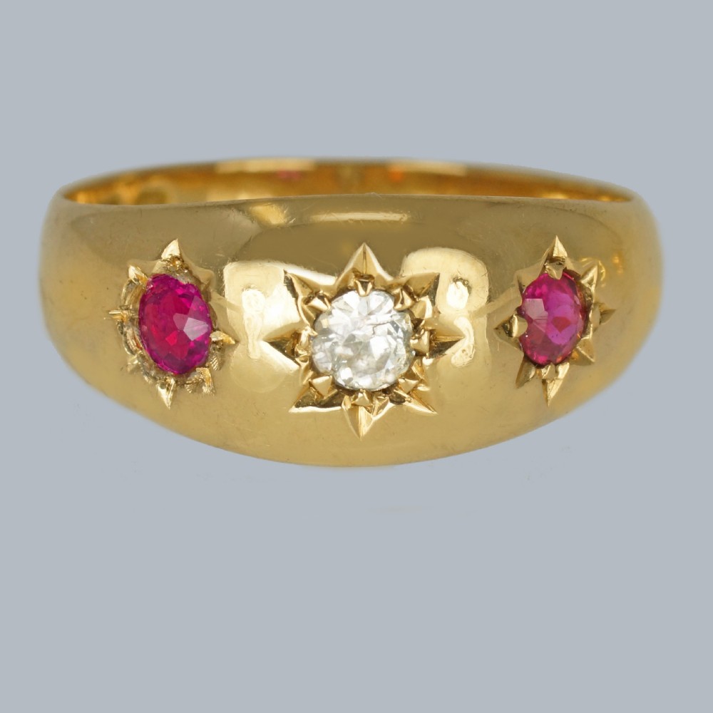 ANTIQUE DIAMOND RUBY TRILOGY RING 18ct Gold Edwardian Gypsy Ring Birmingham 1906