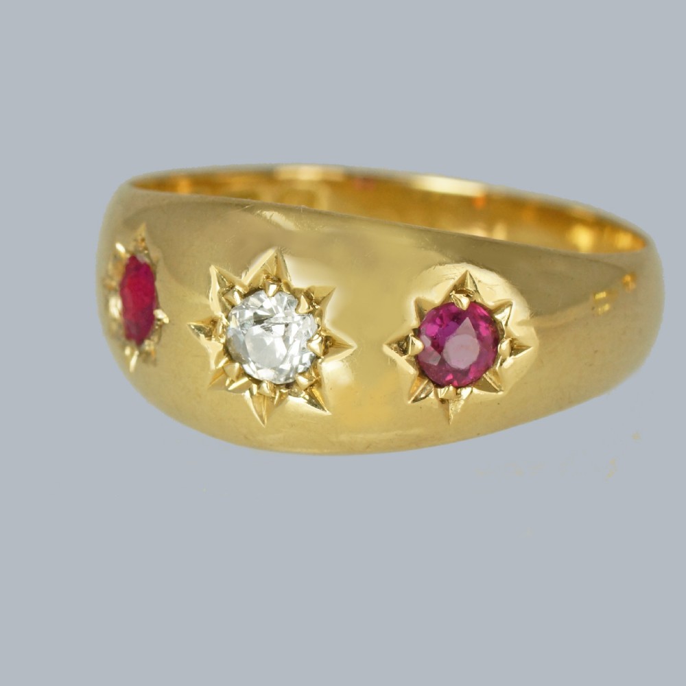 ANTIQUE DIAMOND RUBY TRILOGY RING 18ct Gold Edwardian Gypsy Ring Birmingham 1906 View II