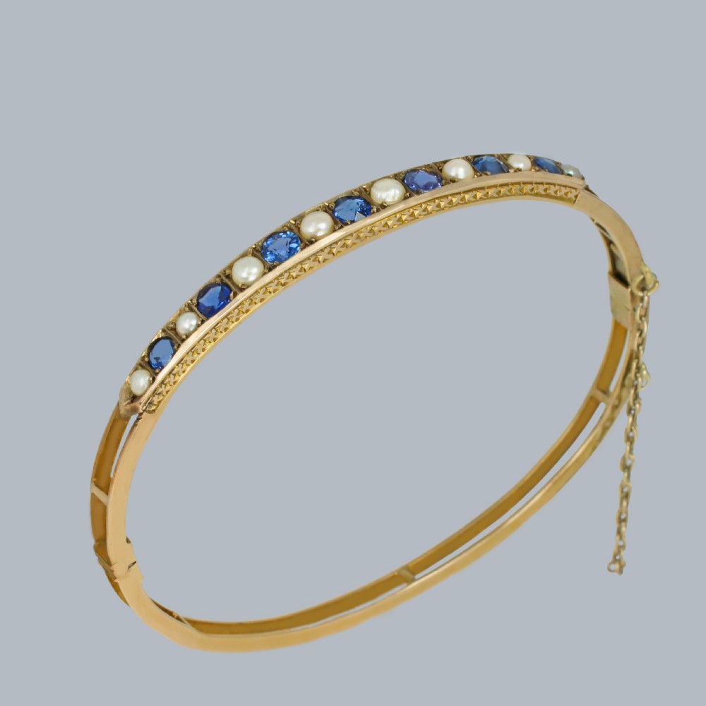 ANTIQUE SAPPHIRE and PEARL Bangle 9ct Gold Edwardian Bracelet Circa 1910