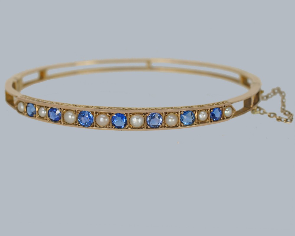 ANTIQUE SAPPHIRE and PEARL Bangle 9ct Gold Edwardian Bracelet Circa 1910 View II