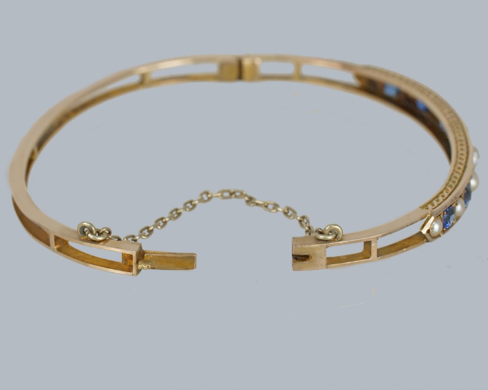 ANTIQUE SAPPHIRE and PEARL Bangle 9ct Gold Edwardian Bracelet Circa 1910 View IV