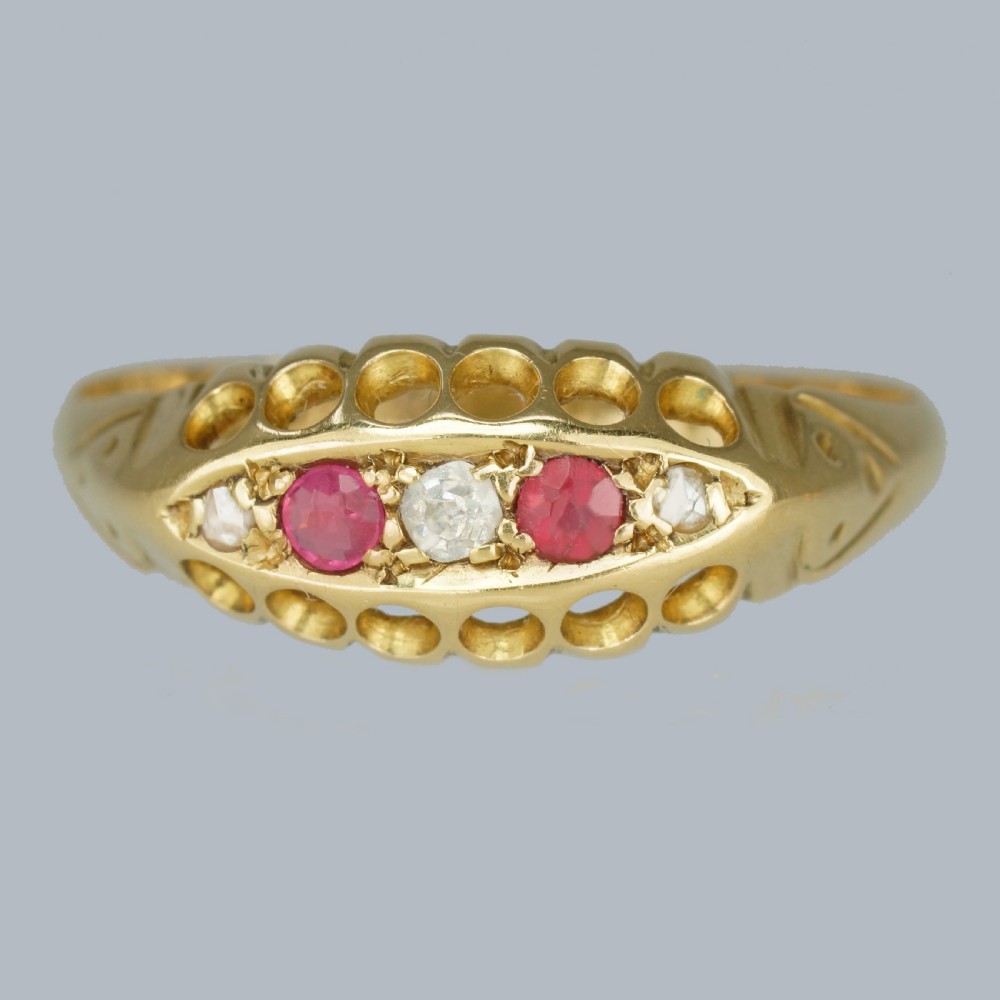 ANTIQUE DIAMOND RUBY RING 18ct Gold Chester 1915 Vintage Five Stone Navette Ring