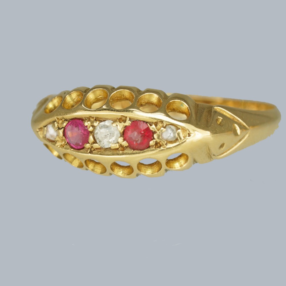 ANTIQUE DIAMOND RUBY RING 18ct Gold Chester 1915 Vintage Five Stone Navette Ring View III