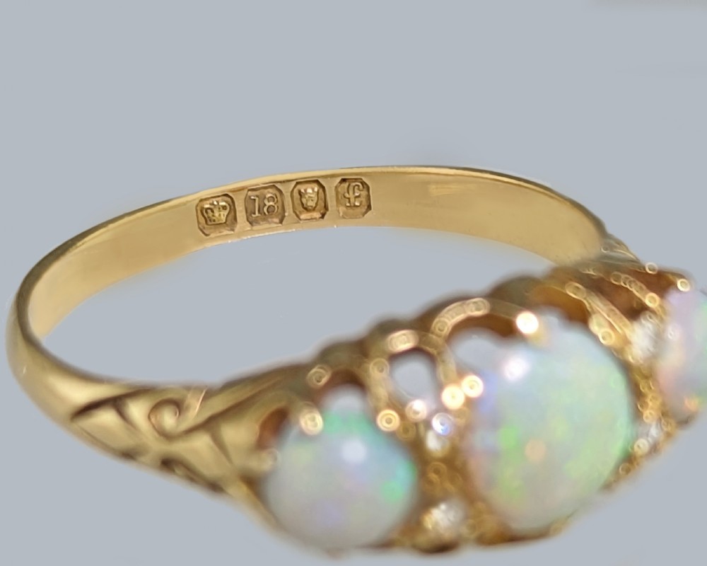 VICTORIAN OPAL and DIAMOND RING 18ct Gold Antique Trilogy Ring Hallmarked London 1901 View V
