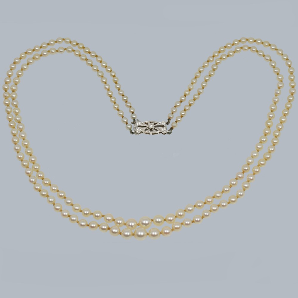 Vintage 2 Row Pearl Necklace 9ct Gold Diamond Clasp 1950s Double Strand Pearls  Hallmarked Birmingham 1955 
