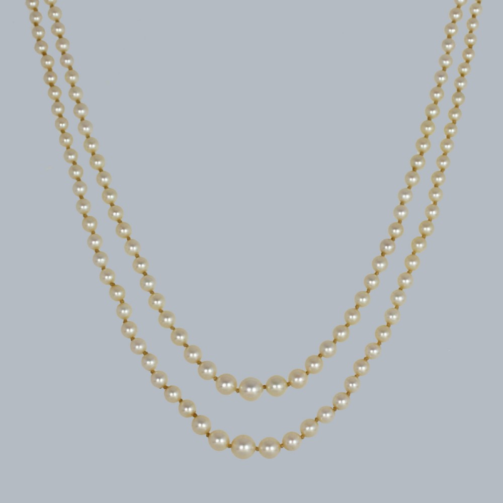 Vintage 2 Row Pearl Necklace 9ct Gold Diamond Clasp 1950s Double Strand Pearls  Hallmarked Birmingham 1955  View II