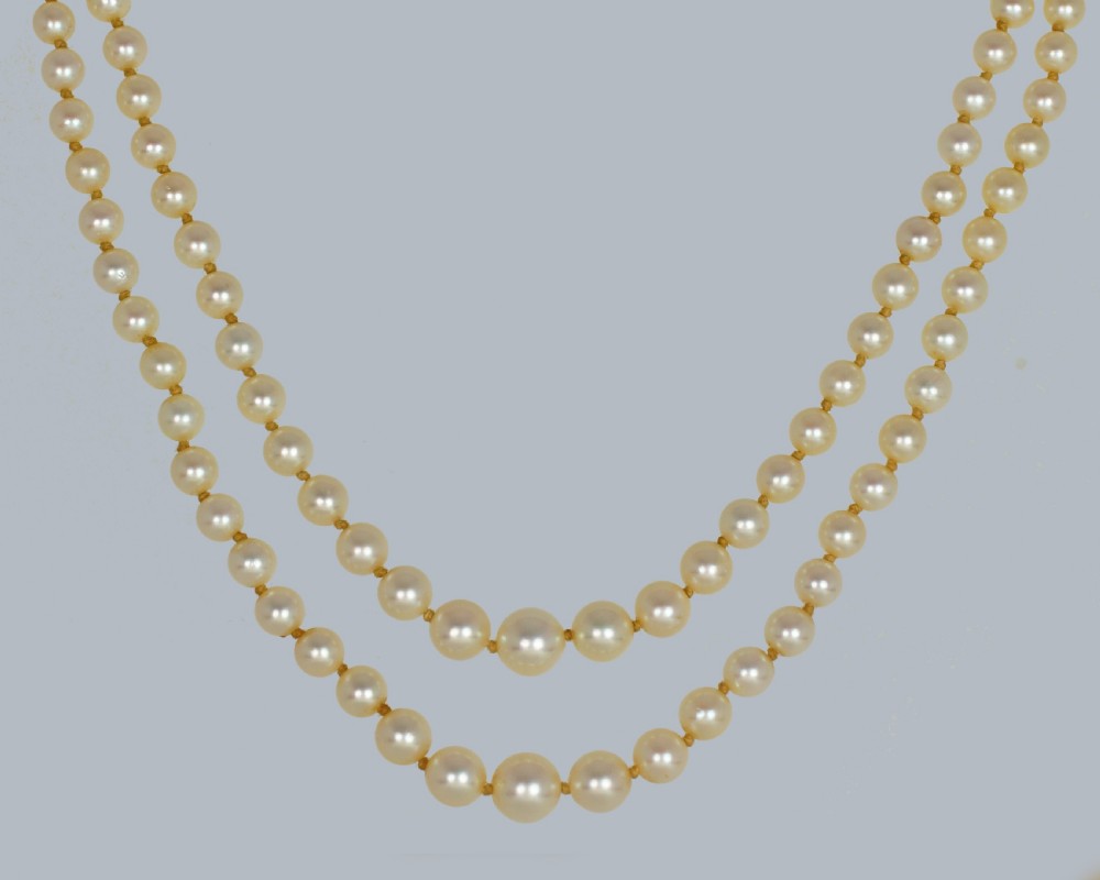 Vintage 2 Row Pearl Necklace 9ct Gold Diamond Clasp 1950s Double Strand Pearls  Hallmarked Birmingham 1955  View III