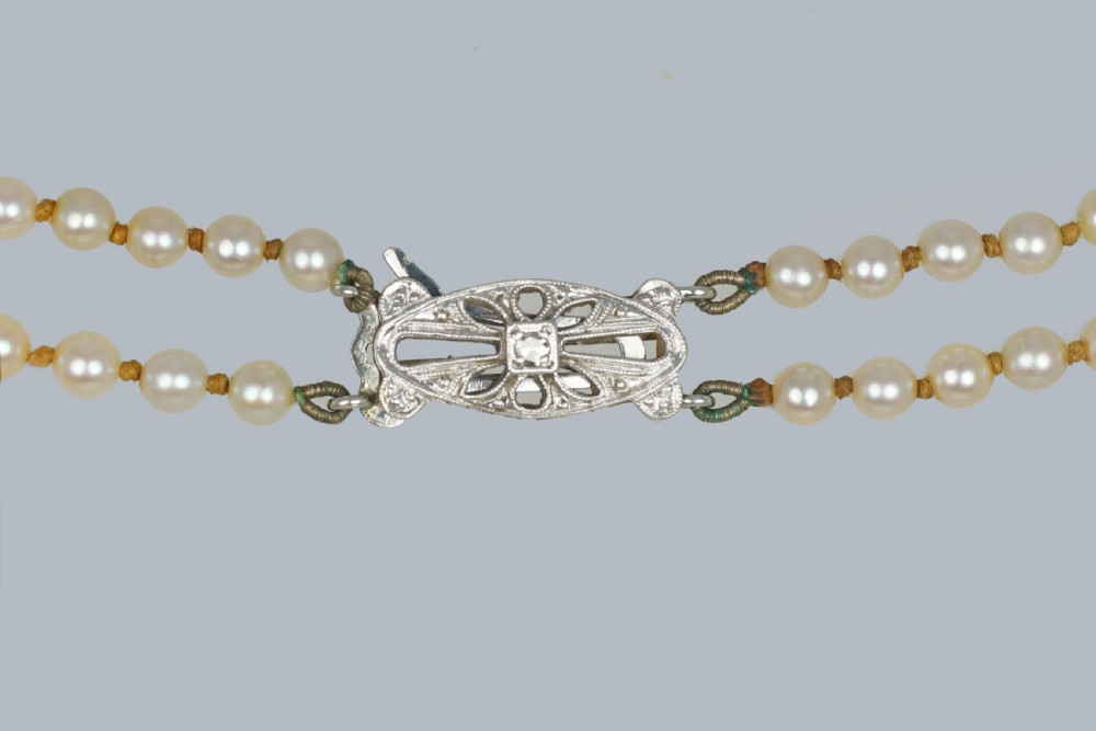 Vintage 2 Row Pearl Necklace 9ct Gold Diamond Clasp 1950s Double Strand Pearls  Hallmarked Birmingham 1955  View V