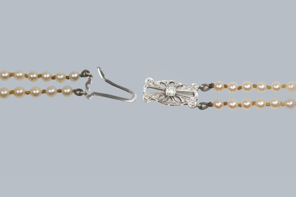Vintage 2 Row Pearl Necklace 9ct Gold Diamond Clasp 1950s Double Strand Pearls  Hallmarked Birmingham 1955  View VI