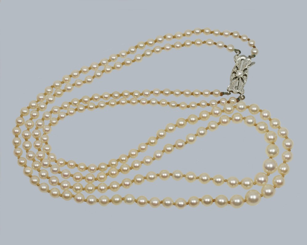 Vintage 2 Row Pearl Necklace 9ct Gold Diamond Clasp 1950s Double Strand Pearls  Hallmarked Birmingham 1955  View VIII