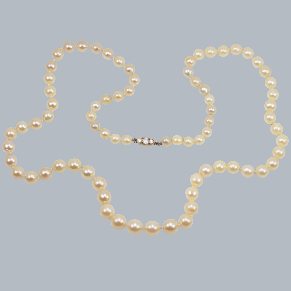ANTIQUE PEARL NECKLACE OLD CUT DIAMOND CLASP 1920s Single Strand Vintage Pearls