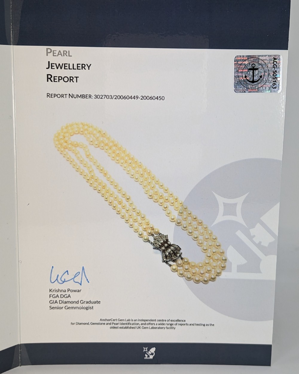 Pearl Necklace with Diamond Clasp Vintage Three Strand 1950s Necklace with AnchorCert Certificate View VIII