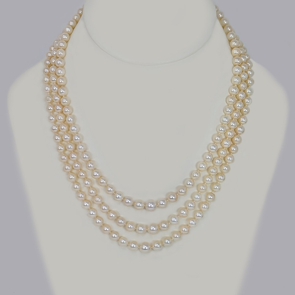 Pearl Necklace with Diamond Clasp Vintage Three Strand 1950s Necklace with AnchorCert Certificate View IX