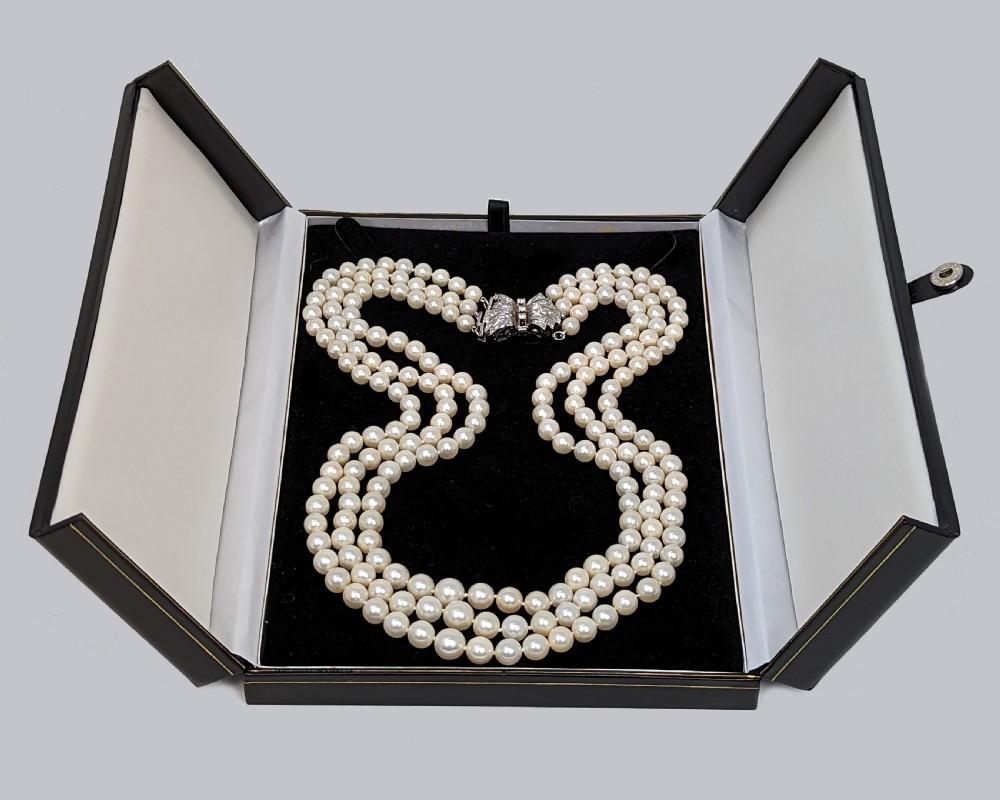 Pearl Necklace with Diamond Clasp Vintage Three Strand 1950s Necklace with AnchorCert Certificate View X