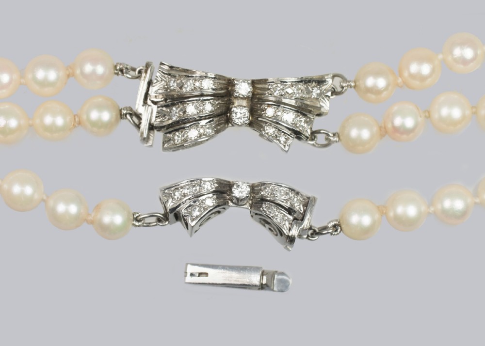 Pearl Necklace with Diamond Clasp Vintage Three Strand 1950s Necklace with AnchorCert Certificate View XII