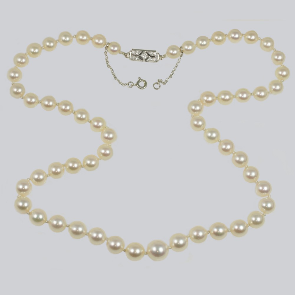ART DECO PEARL NECKLACE DIAMOND CLASP Vintage 1920s Single Strand Antique Pearls