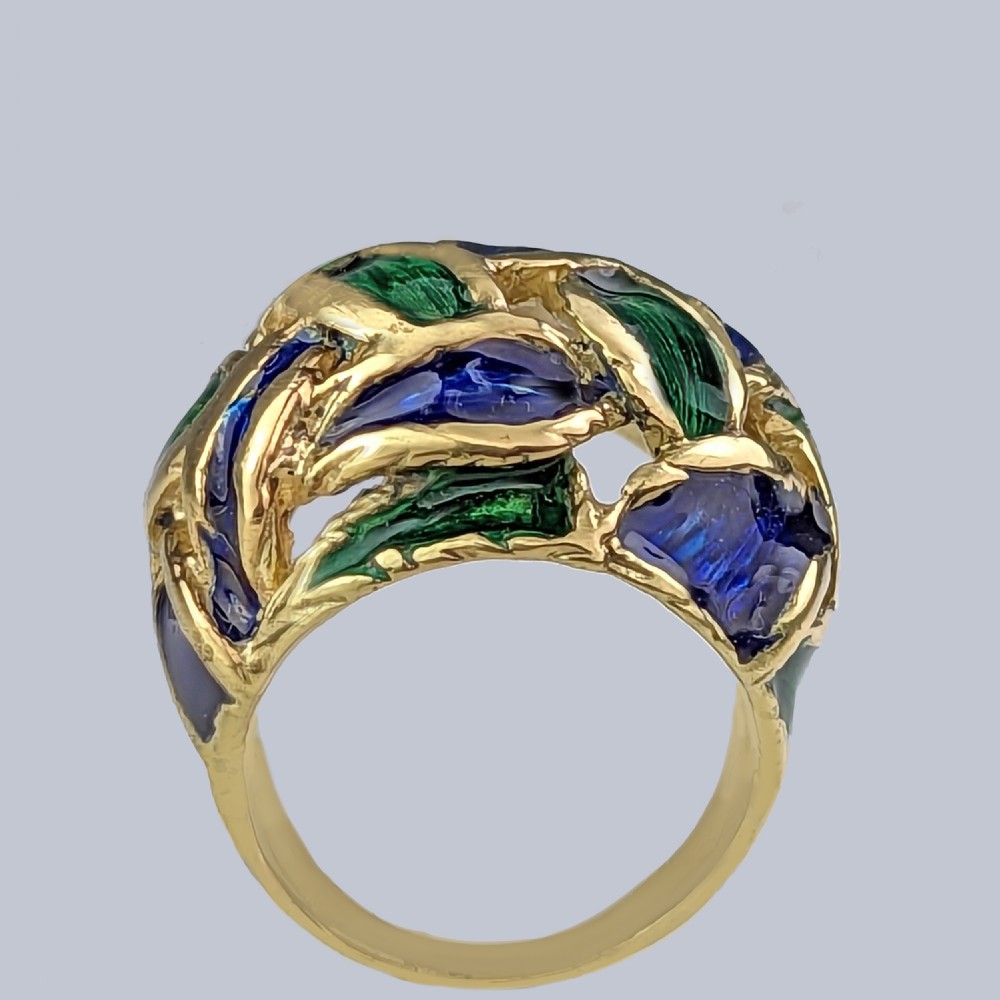 Vintage Kutchinsky Ring Blue and Green Enamel 18ct Gold Bombé Ring London 1967 View VI