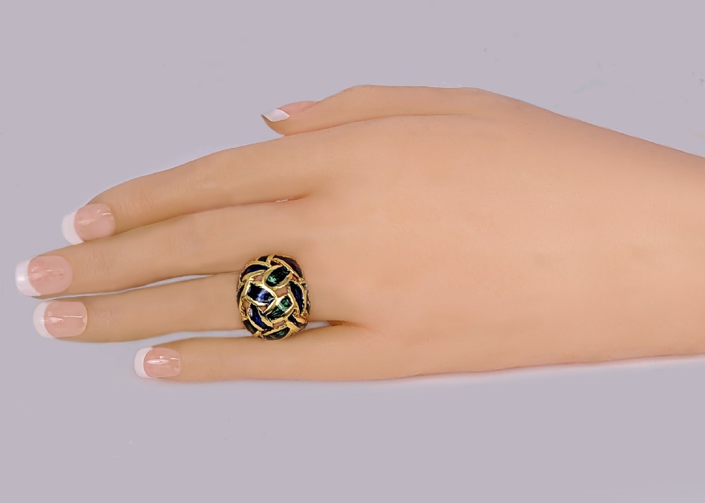 Vintage Kutchinsky Ring Blue and Green Enamel 18ct Gold Bombé Ring London 1967 View XII