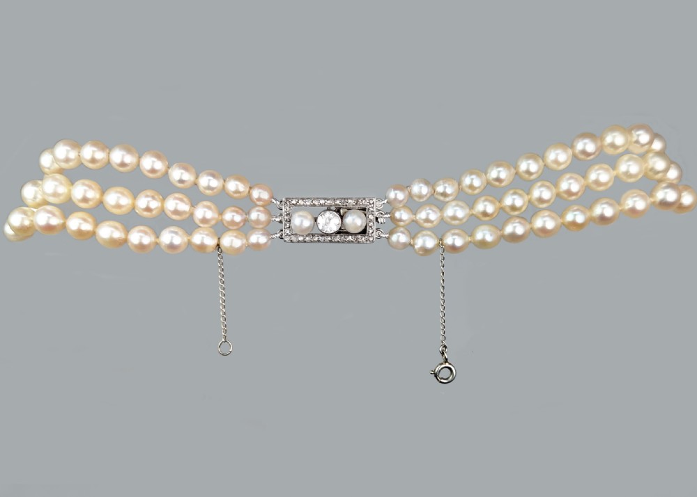 Edwardian Pearl Choker Triple Stand Diamond Clasp Antique 3 Row Pearl Necklace With Gem Lab Report View V
