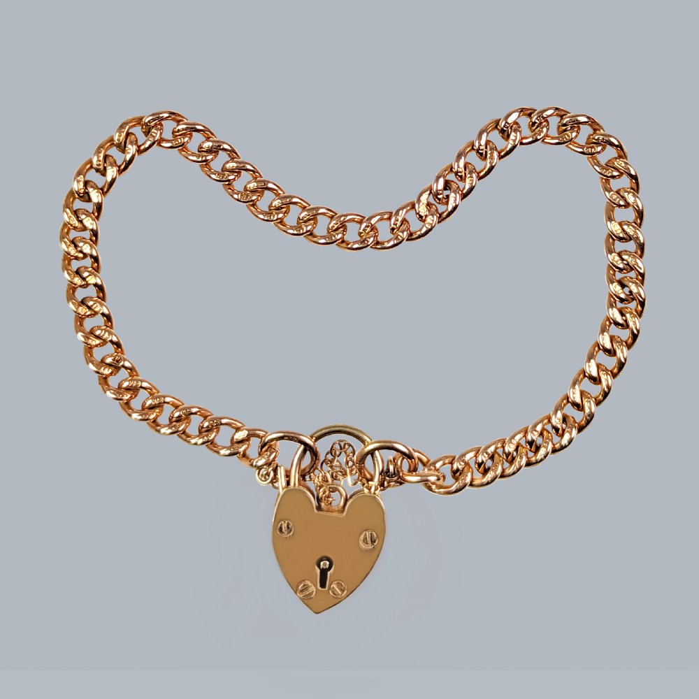 ANTIQUE CURB LINK 15ct GOLD BRACELET with Heart Padlock Chester 1911 Rose Gold 