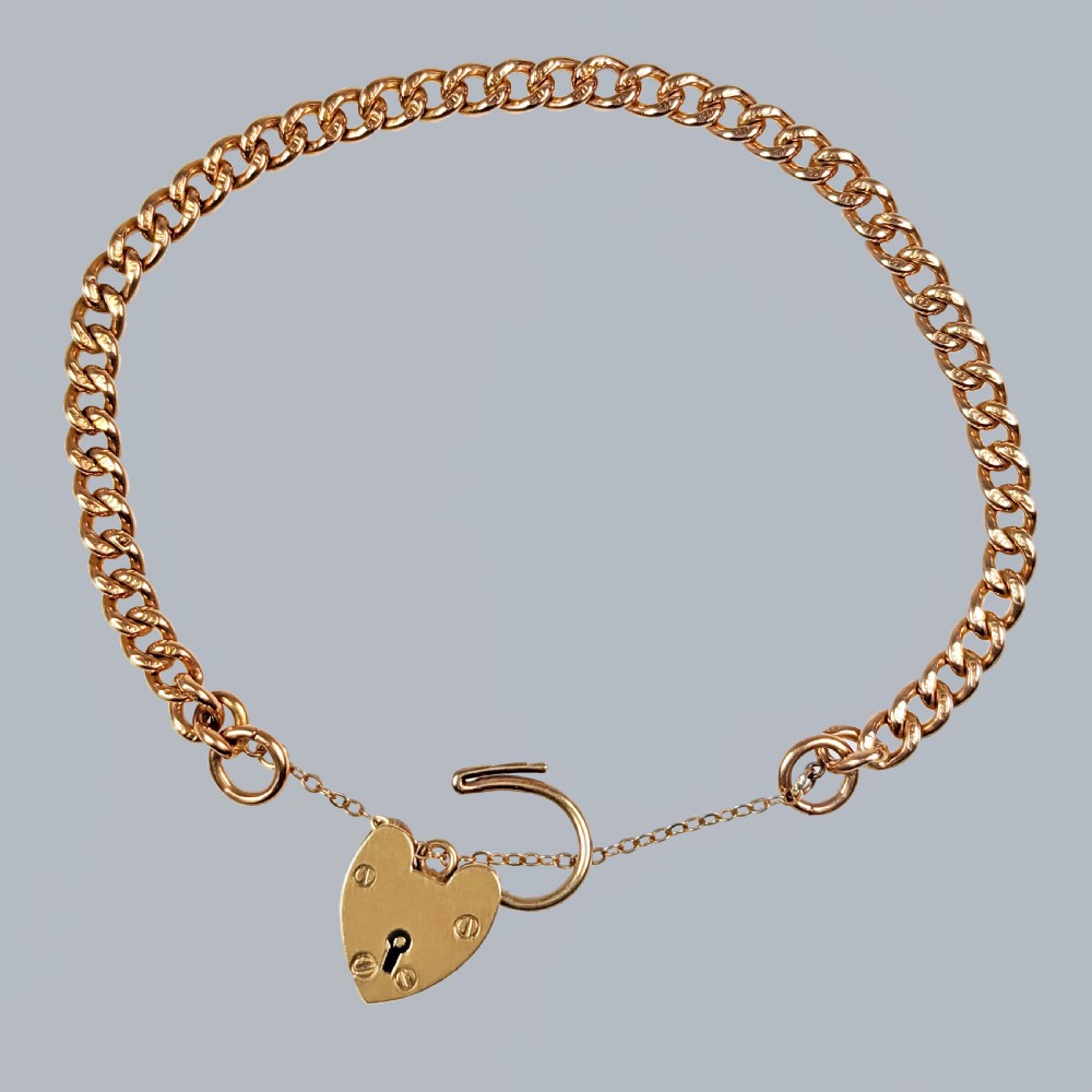ANTIQUE CURB LINK 15ct GOLD BRACELET with Heart Padlock Chester 1911 Rose Gold  View III