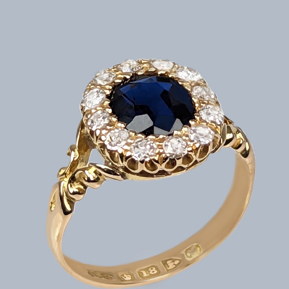 Edwardian Sapphire and Diamond Cluster Ring 18ct Gold Hallmarked Chester 1907 Antique Ring