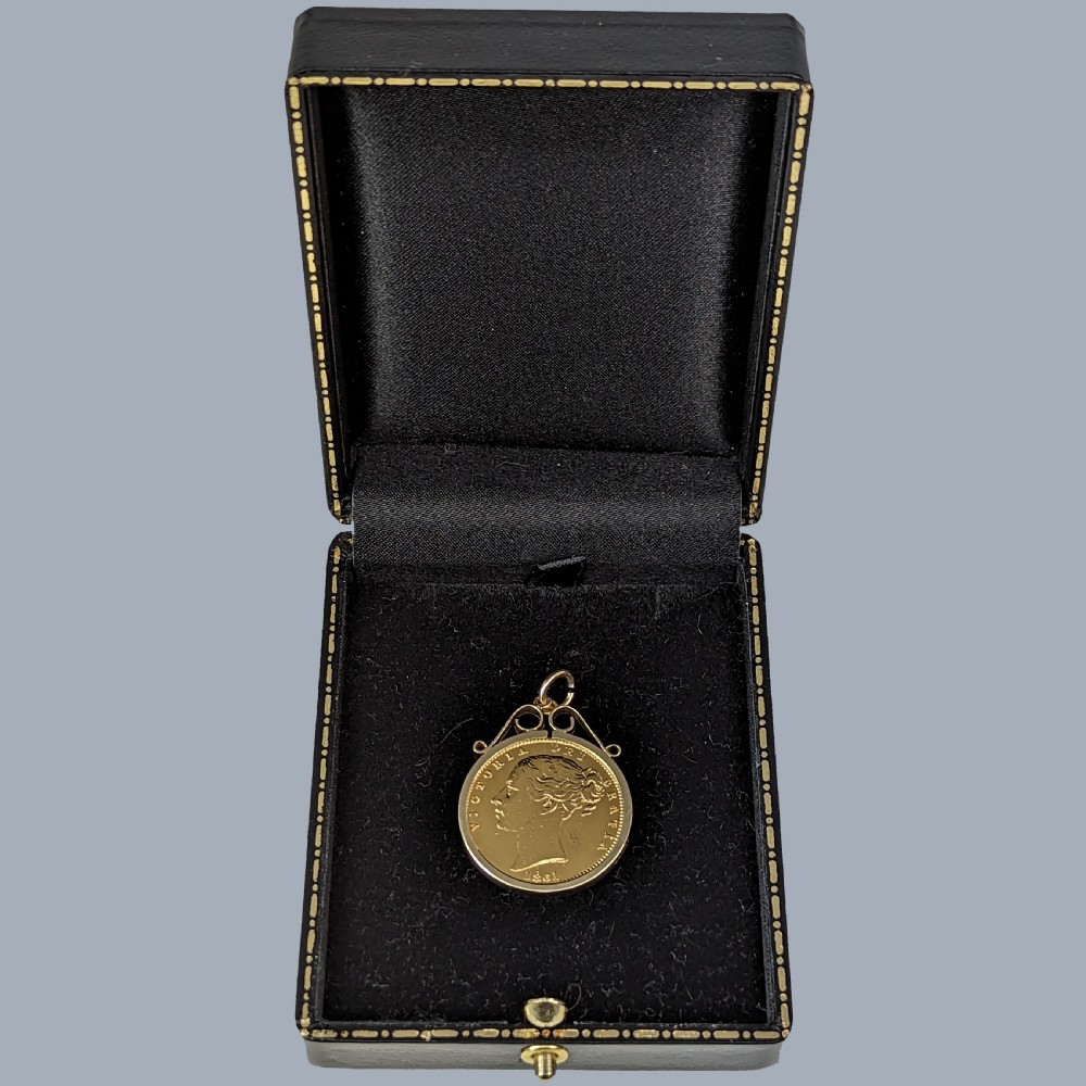 Victorian Full Sovereign Coin Pendant 22ct Gold 1861 Young Bun Head 9ct Gold Mount View VI