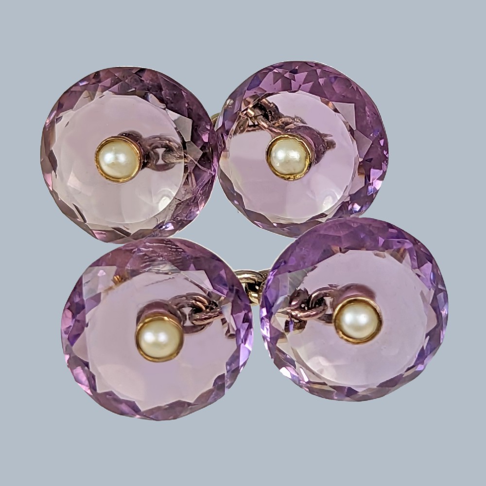 ANTIQUE AMETHYST CUFFLINKS Edwardian 9ct Gold Split Pearl and Carved Amethyst Cuff Links