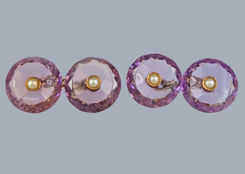 ANTIQUE AMETHYST CUFFLINKS Edwardian 9ct Gold Split Pearl and Carved Amethyst Cuff Links View III