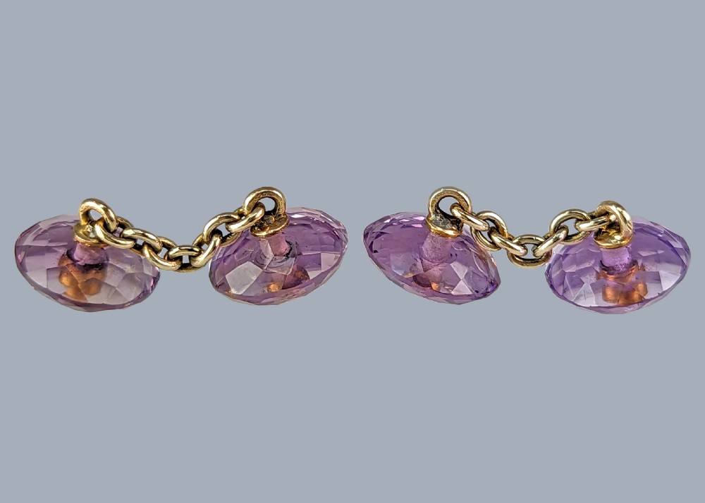 ANTIQUE AMETHYST CUFFLINKS Edwardian 9ct Gold Split Pearl and Carved Amethyst Cuff Links View V