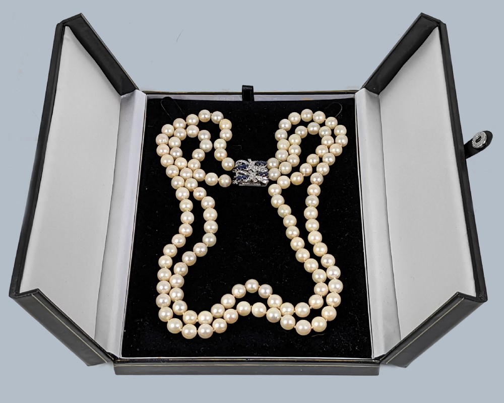 Vintage Double Strand Pearl Necklace 18K Gold Diamond Sapphire Clasp 1950s 2 Row View V