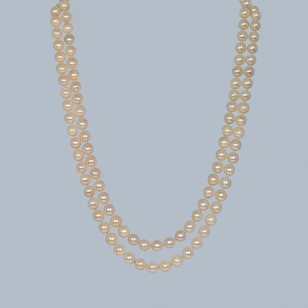 Vintage Double Strand Pearl Necklace 18K Gold Diamond Sapphire Clasp 1950s 2 Row View IX
