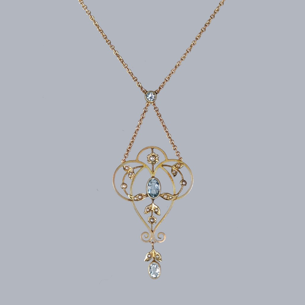 ANTIQUE AQUAMARINE and SEED PEARL NECKLACE 9ct Gold Edwardian Pendant circa 1910