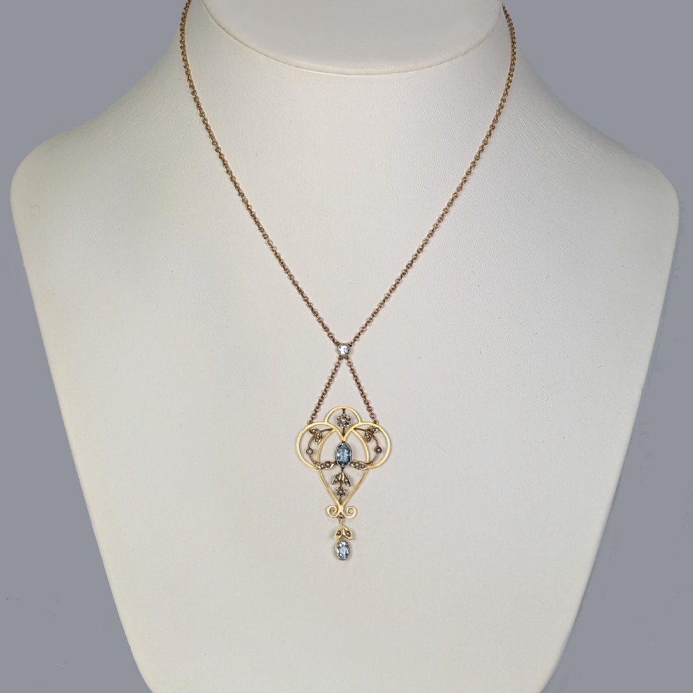 ANTIQUE AQUAMARINE and SEED PEARL NECKLACE 9ct Gold Edwardian Pendant circa 1910 View II