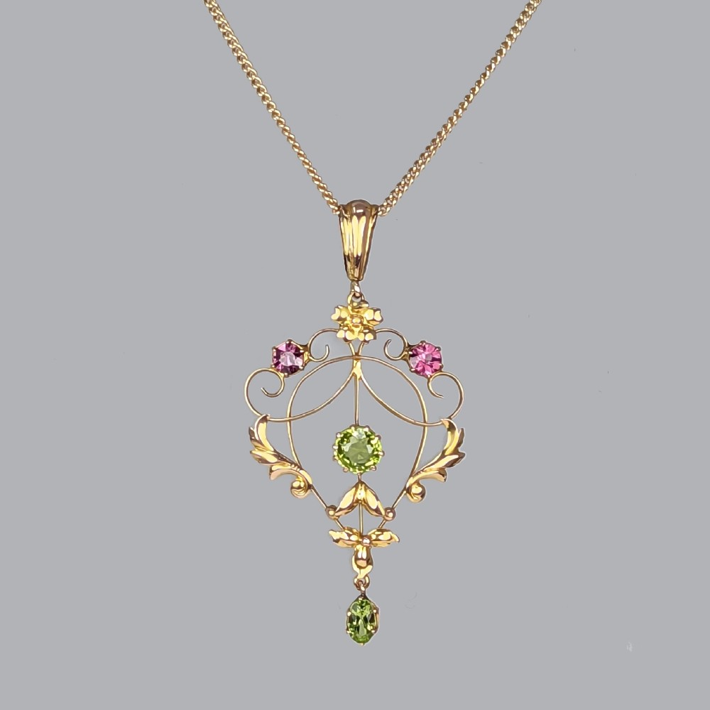 EDWARDIAN PERIDOT and GARNET PENDANT with Chain Vintage 9ct Gold Antique Pendant