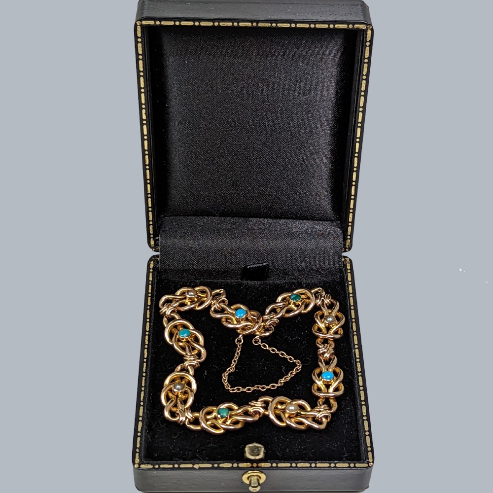 ANTIQUE 15ct GOLD TURQUOISE and PEARL Bracelet Fancy Link Victorian Bracelet View III