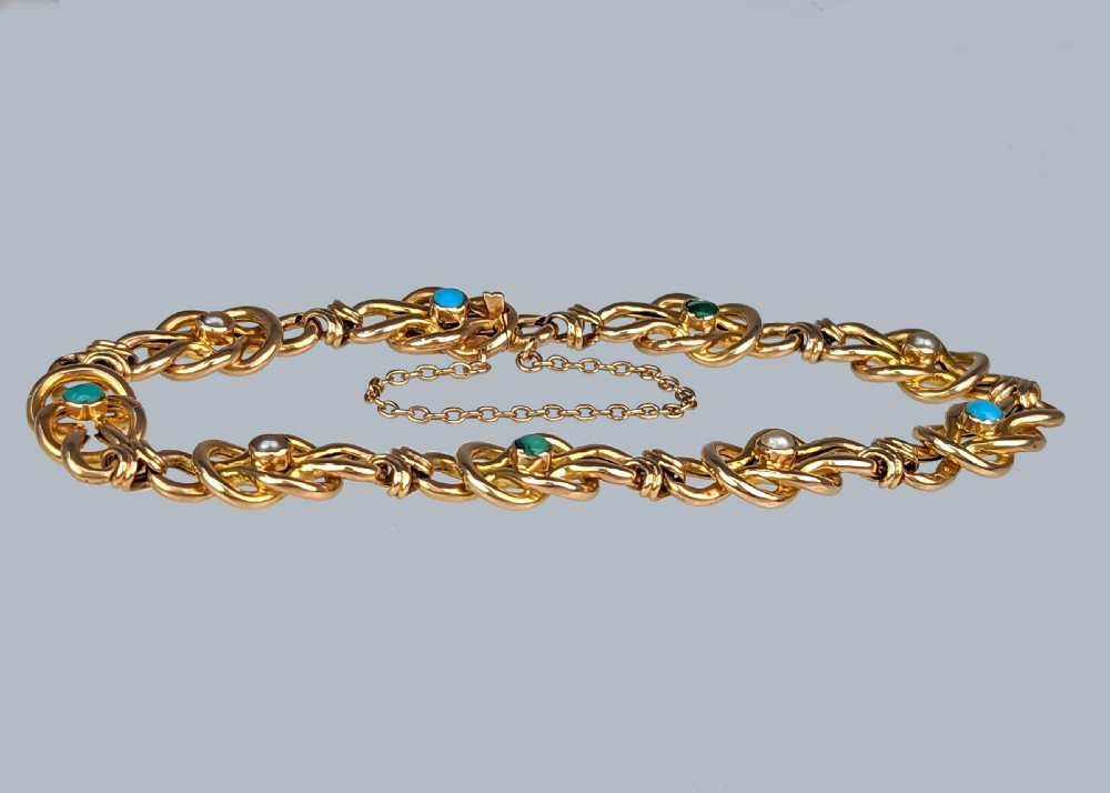 ANTIQUE 15ct GOLD TURQUOISE and PEARL Bracelet Fancy Link Victorian Bracelet View V