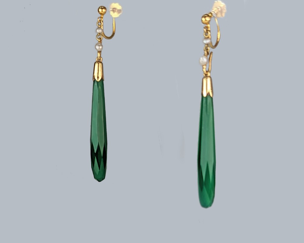 EDWARDIAN 15ct GOLD PEARL and GREEN QUARTZ DROP EARRINGS Antique Teardrop Dangle View III